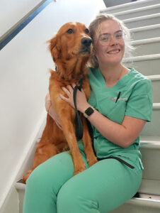 A nurse and dog cuddling on stairs