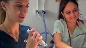 A veterinary surgeon and nurse at work at Elizavet veterinary pratice.