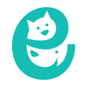 Elizavet logo with a cartoon cat being hugged by a lowercase letter e