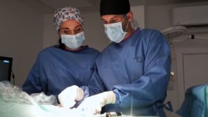 Two vets undertaking surgery on an animal on their surgical table.